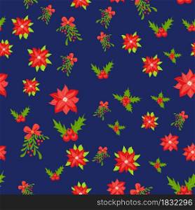 Seamless pattern with hand drawn poinsettia flowers and floral branches and berries, mistletoe, christmas florals. Repeating background for wrapping paper, fabric. Seamless pattern with hand drawn poinsettia flowers and floral branches and berries, mistletoe, christmas florals