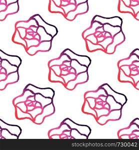 Seamless pattern with hand drawn roses. Coral and deep violet colors. Suitable for packaging, wrappers, fabric design. Vector illustration. Seamless Pattern With Hand Drawn Roses