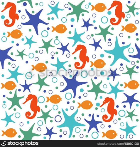 Seamless pattern with hand drawn seashells and starfishes
