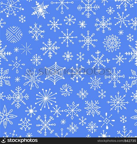 Seamless pattern with hand-drawn snowflakes on a blue background. Decorative background for fabric, textile, wrapping paper, card, invitation, wallpaper, web design.