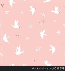 Seamless pattern with hand drawn swallows on pink background. Decorative design for prints, packaging, wallpaper, wrapping paper. Seamless pattern with hand drawn swallows on pink background