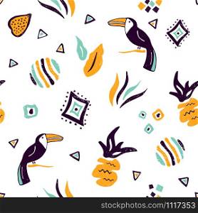 Seamless pattern with hand drawn toucans, tropical leaves and geometric elements. Vector illustration with doodle birds and tribal symbols. Seamless pattern with hand drawn toucans, leaves