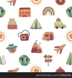 Seamless pattern with hand drawn travel icons. Vector illustration perfect for wrapping, wallpaper, texture, web background.