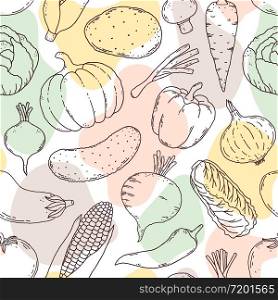 Seamless pattern with hand drawn vegetables and abstrac light shapes