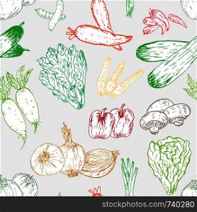 Seamless pattern with hand drawn vegetables background. Organic herbs and spices. Healthy food drawings pattern vector illustration.