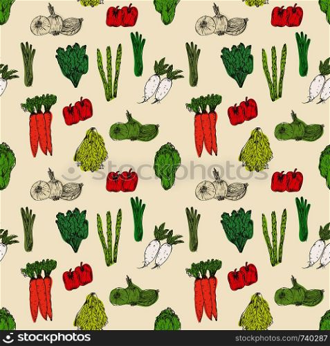Seamless pattern with hand drawn vegetables background. Organic herbs and spices. Healthy food drawings pattern vector illustration.