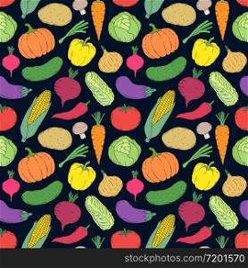 Seamless pattern with hand drawn vegetables on black background. pattern with hand drawn vegetables