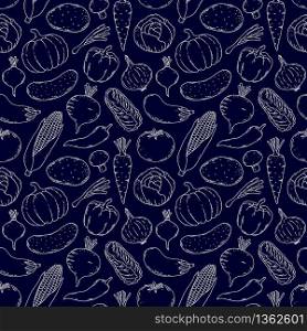 Seamless pattern with hand drawn vegetables on dark background