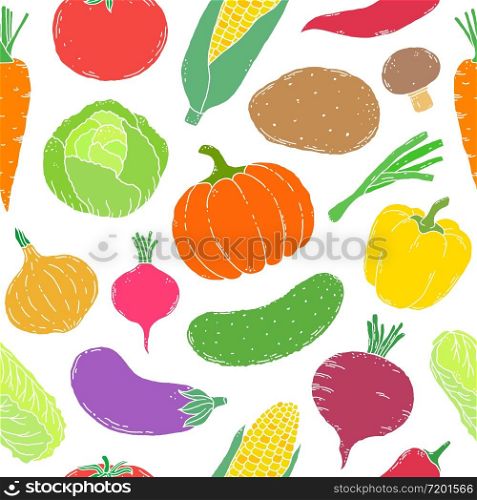 Seamless pattern with hand drawn vegetables on white background. pattern with hand drawn vegetables