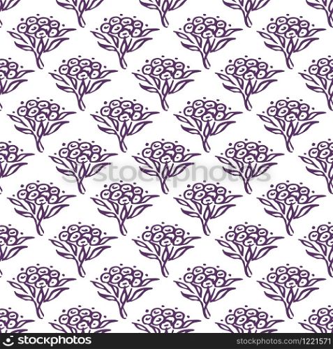 Seamless pattern with hand drawn violet flowers. Suitable for packaging, wrappers, fabric design. Vector illustration. Seamless pattern with hand drawn violet flowers on white background