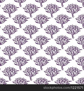 Seamless pattern with hand drawn violet flowers. Suitable for packaging, wrappers, fabric design. Vector illustration. Seamless pattern with hand drawn violet flowers on white background