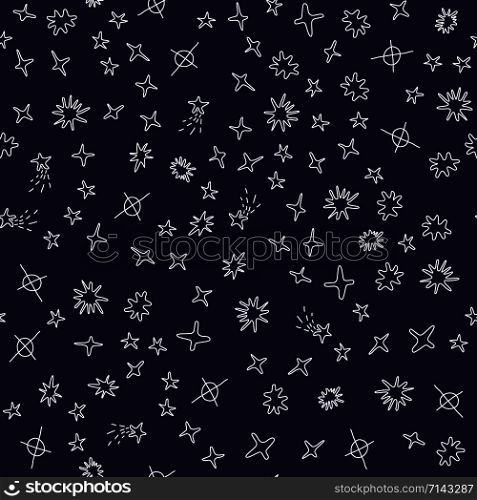 Seamless pattern with hand drawn white stars on blue sky background. Repeat design for card, cover, wrapping paper. Vector illustration.. Seamless pattern with hand drawn white stars on blue sky