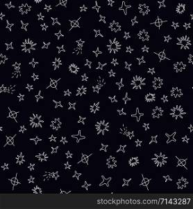Seamless pattern with hand drawn white stars on blue sky background. Repeat design for card, cover, wrapping paper. Vector illustration.. Seamless pattern with hand drawn white stars on blue sky