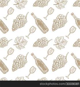 Seamless pattern with hand drawn wine bottle, wine glass and grapes. Design element for poster, card, banner, menu, flyer, package. Vector illustration
