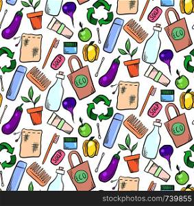 Seamless pattern with hand drawn Zero Waste objects on white background. Vector doodle texture for wallpaper, textile, background and your design. Seamless pattern with hand drawn Zero Waste objects on white background. Vector doodle texture