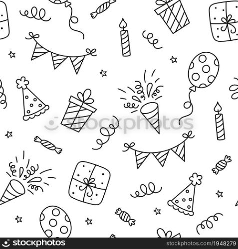 Seamless pattern with Happy Birthday doodles. Sketch of party decoration, gift box and balloons. Children drawing. Hand drawn vector illustration on white background.. Seamless pattern with Happy Birthday doodles. Sketch of party decoration, gift box and balloons. Children drawing. Hand drawn vector illustration on white background