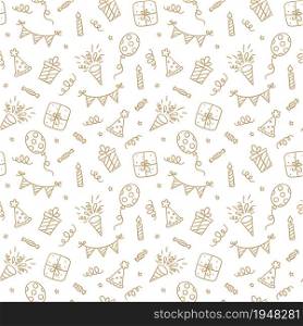 Seamless pattern with Happy Birthday doodles. Sketch of party decoration, gift box and balloons. Children drawing. Hand drawn vector illustration on white background.. Seamless pattern with Happy Birthday doodles. Sketch of party decoration, gift box and balloons. Children drawing. Hand drawn vector illustration on white background