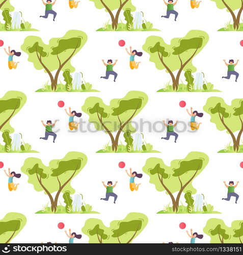 Seamless Pattern with Happy Cartoon Children and Green Trees. Kids Spending Summertime in Forest or Park. Vector Childhood Endless Illustration. Summer Vacation and Active Rest Repeat Wallpaper. Seamless Pattern with Happy Children and Trees