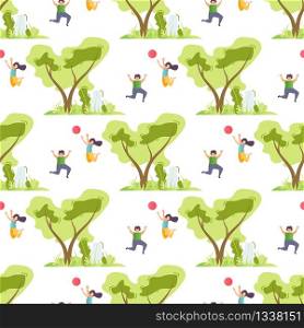 Seamless Pattern with Happy Cartoon Children and Green Trees. Kids Spending Summertime in Forest or Park. Vector Childhood Endless Illustration. Summer Vacation and Active Rest Repeat Wallpaper. Seamless Pattern with Happy Children and Trees