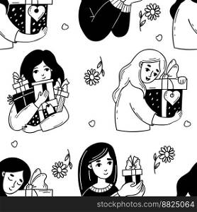 Seamless pattern with happy girls with gifts on white background with flowers. Vector illustration in doodle style for holiday design, packaging, wallpapers, textiles and valentines