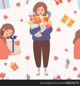 Seamless pattern with happy girls with gifts on white background with hearts and boxes. Vector illustration in flat cartoon style for holiday design, packaging, wallpapers, textiles and valentines