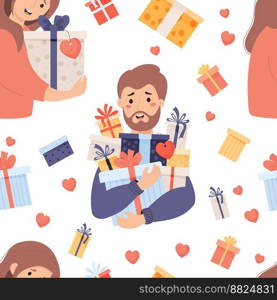 Seamless pattern with happy man and woman with gifts on white background with gift boxes and hearts. Vector illustration for holiday design, packaging, wallpapers, textiles and valentines