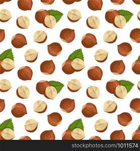 Seamless pattern with hazelnut and leaves on white background. Food texture.