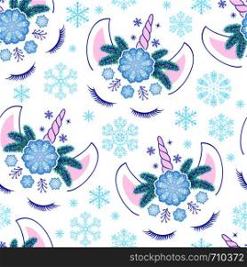 Seamless pattern with head of hand drawn unicorns and snowflakes