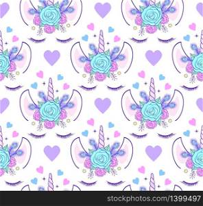 Seamless pattern with head of unicorn on white background