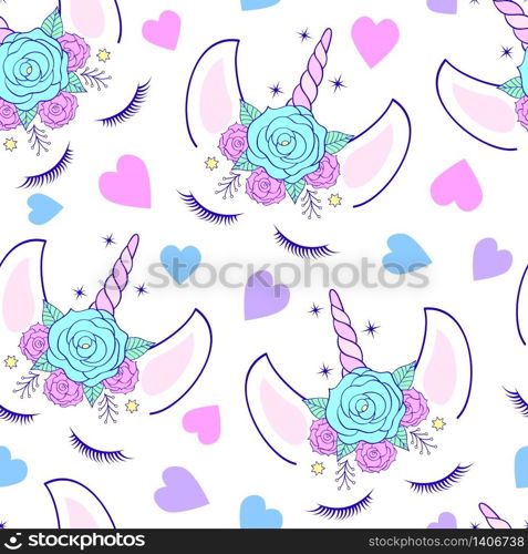 Seamless pattern with head of unicorn on white background