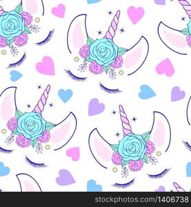 Seamless pattern with head of unicorn on white background