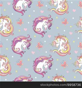 Seamless pattern with heads of unicorns and butterflies isolated on gray background. Vector illustration for party, print, baby shower, wallpaper, design, decor,design cushion, linen, dishes. Seamless pattern with heads of unicorns and butterflies gray vector
