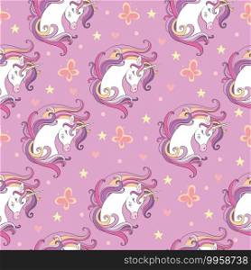 Seamless pattern with heads of unicorns and butterflies isolated on pink background. Vector illustration for party, print, baby shower, wallpaper, design, decor,design cushion, linen, dishes. Seamless pattern with heads of unicorns and butterflies pink vector