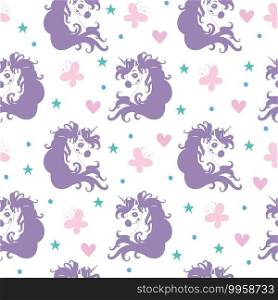 Seamless pattern with heads of unicorns and hearts isolated on white background. Vector illustration for party, print, baby shower, wallpaper, design, decor,design cushion, linen, dishes. Seamless pattern with heads of unicorns and hearts white vector