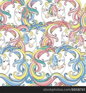 Seamless pattern with heads of unicorns with long mane isolated on white background. Vector illustration for party, print, baby shower, wallpaper, design, decor,design cushion, linen, dishes. Seamless pattern with heads of unicorns with long mane vector