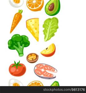 Seamless pattern with healthy eating and diet meal. Fruits, vegetables and proteins for proper nutrition. Production and cooking of food.. Seamless pattern with healthy eating and diet meal. Fruits, vegetables and proteins for proper nutrition.
