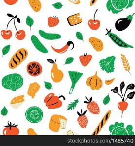 Seamless pattern with healthy food, organic products. Funny doodle hand drawn texture for fabric, wrapping, textile. Natural fruits, vegetables and dairy. Vector flat illustration.