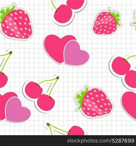 Seamless pattern with heart, cherry, strawberry. Vector illustration