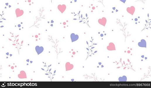 Seamless pattern with hearts and leaves. Sweet floral and tiny hearts seamless pattern. Vector illustration