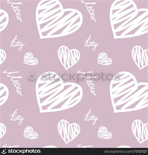 Seamless pattern with hearts and meow and kitty words,pink background,vector illustration