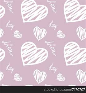 Seamless pattern with hearts and meow and kitty words,pink background,vector illustration