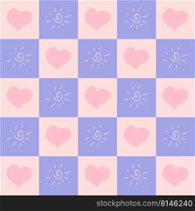 Seamless pattern with hearts and sun in 1970s style. Romantic checkerboard print for T-shirt, fabric, textile. Doodle vector illustration for decor and design.