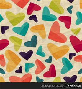 Seamless pattern with hearts on crumpled paper.