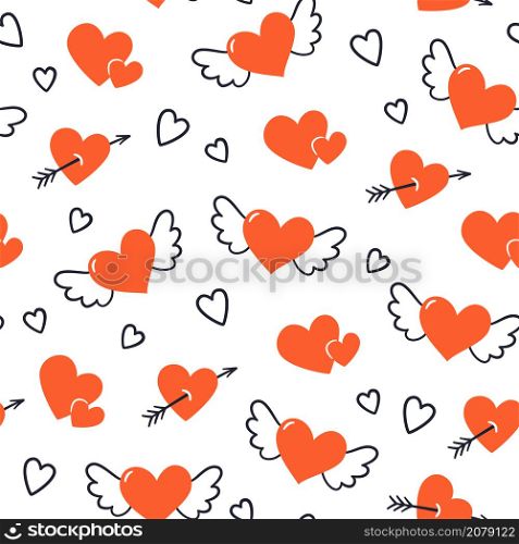 Seamless pattern with hearts, wings and arrows. Valentines Day texture. Wedding seamless pattern. Symbol of love. Hand drawn vector illustration on white background.. Valentines Day texture. Seamless pattern with hearts, tandem bicycle and mail envelopes. Wedding seamless pattern. Symbol of love. Hand drawn vector illustration on white background