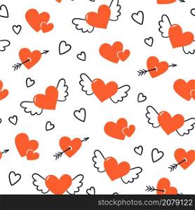 Seamless pattern with hearts, wings and arrows. Valentines Day texture. Wedding seamless pattern. Symbol of love. Hand drawn vector illustration on white background.. Valentines Day texture. Seamless pattern with hearts, tandem bicycle and mail envelopes. Wedding seamless pattern. Symbol of love. Hand drawn vector illustration on white background