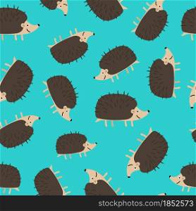 Seamless pattern with hedgehog on blue background