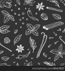 Seamless pattern with herbs and spices. Hand drawn vector illustration in sketch style.