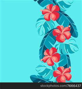Seamless pattern with hibiscus flowers and palm leaves. Tropical floral decorative background.. Seamless pattern with hibiscus flowers and palm leaves.