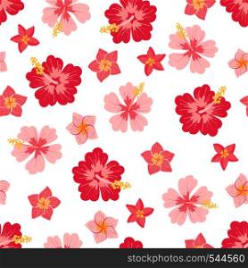 Seamless pattern with hibiscus flowers isolated on white background. Cute animal design element for fabric, textile, wallpaper, scrapbook or others. Vector illustration.