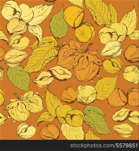 Seamless pattern with highly detailed hand drawn hazelnuts on brown background